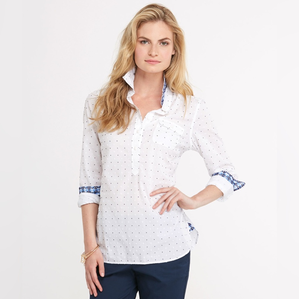 Vineyard Vines Swiss Dot Combo Popover Top 100% Cotton White Size 0 Coastal